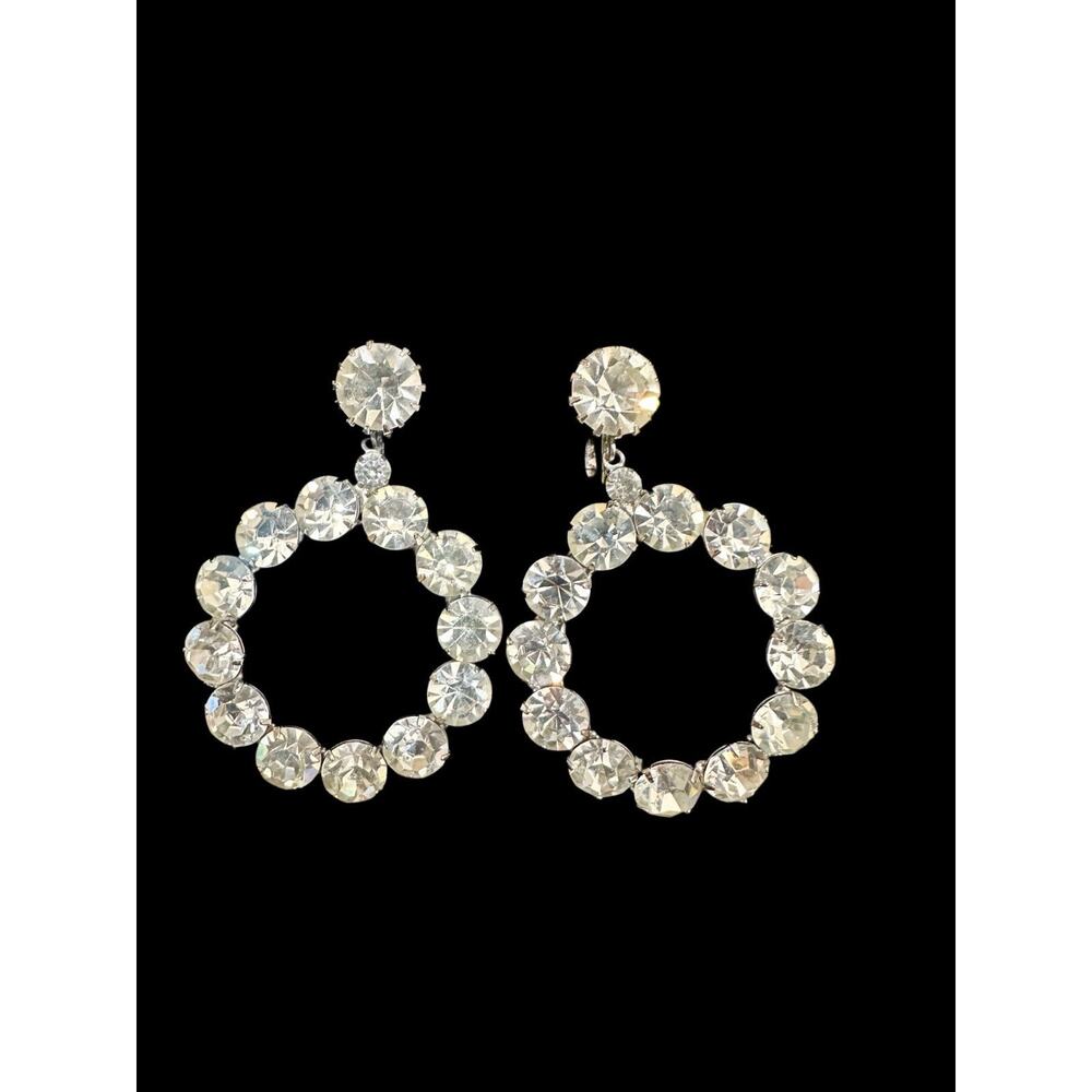 Vintage Clear Rhinestone Hoop Dangle Clip Earrings Silver Tone Jewelry